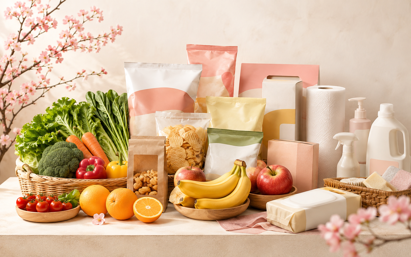 食料品や野菜、日用品が並ぶ明るい売り場のイメージ
